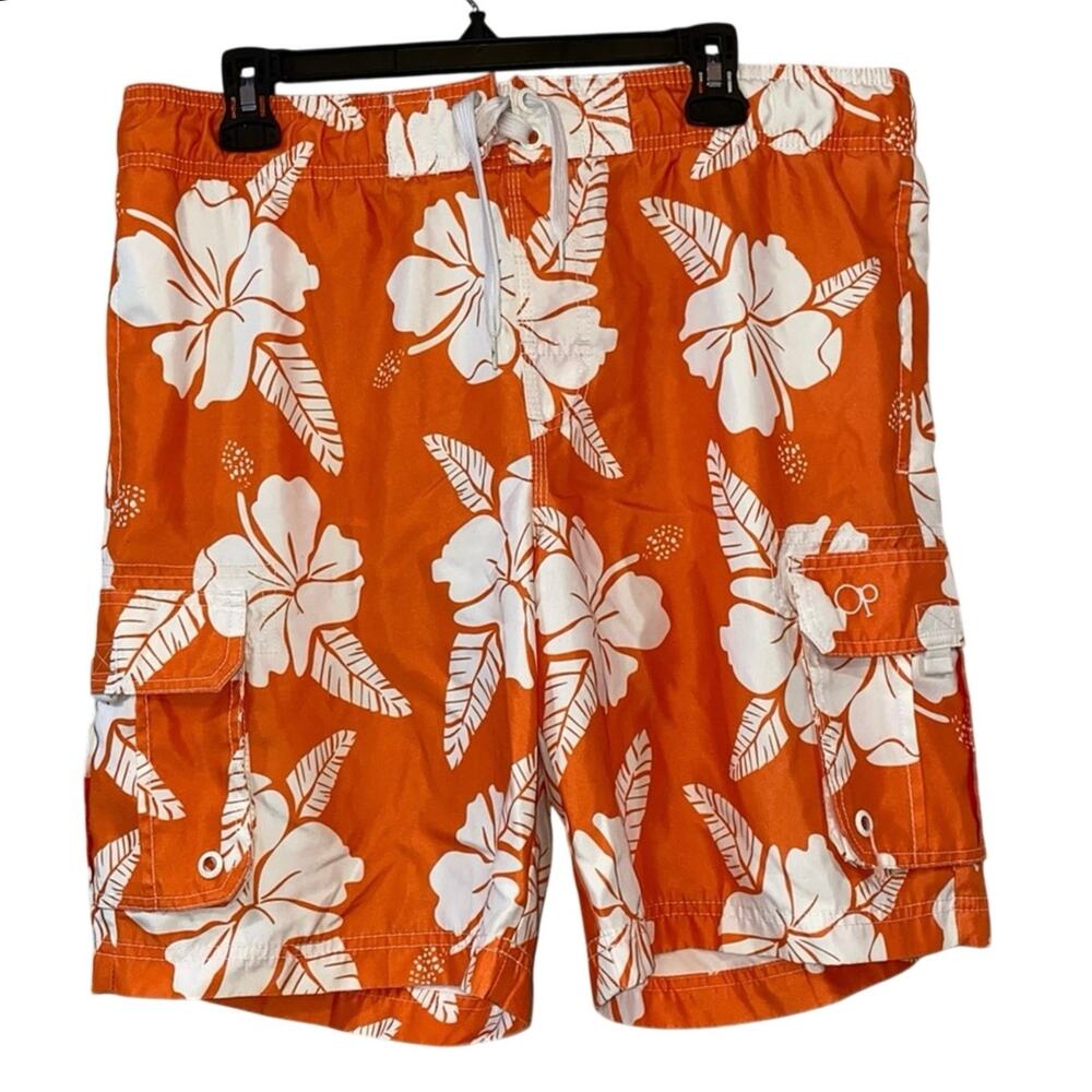 OP Men's Medium Orange Hawaiian Floral‎ Swim Trunks Board Shorts